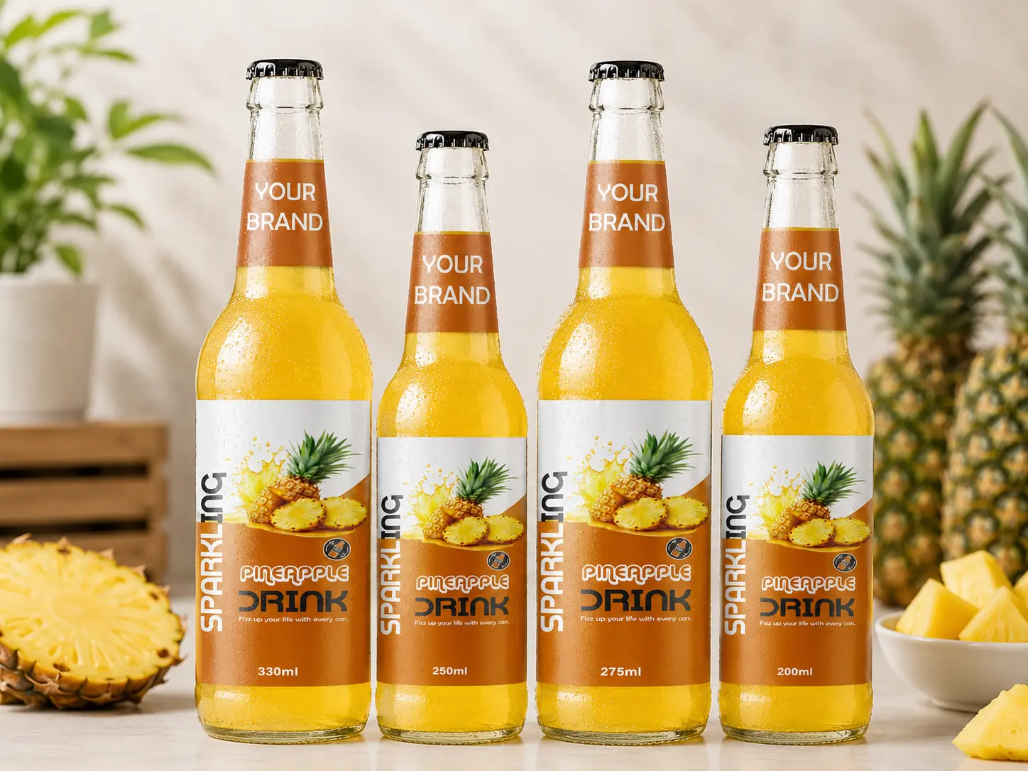 SPARKLING DRINK Pineapple Flavored Drink in 330ml, 250ml, 275ml, and 200ml glass bottles.